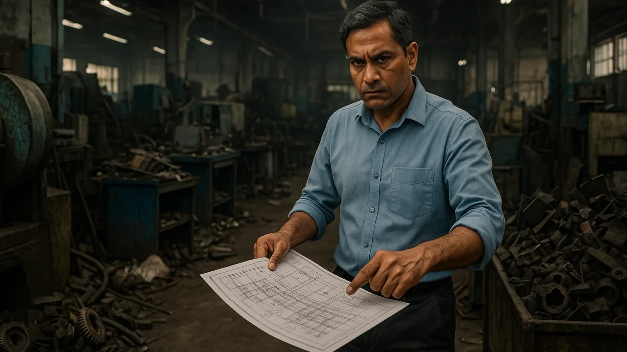 Sanjay Poddar with blueprint on chaotic factory floor”